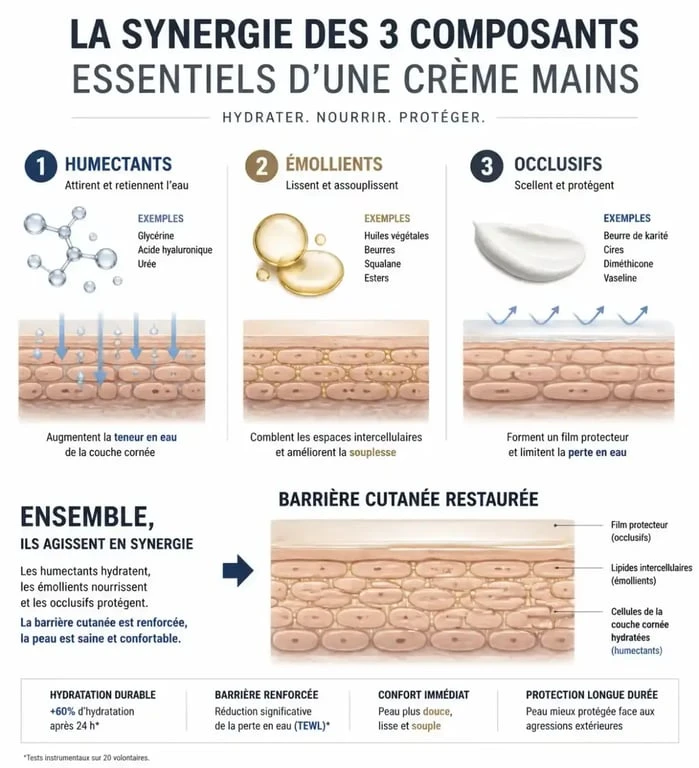 Infographie expliquant la composition idéale d'une crème pour les mains efficace pour réparer la barrière cutanée