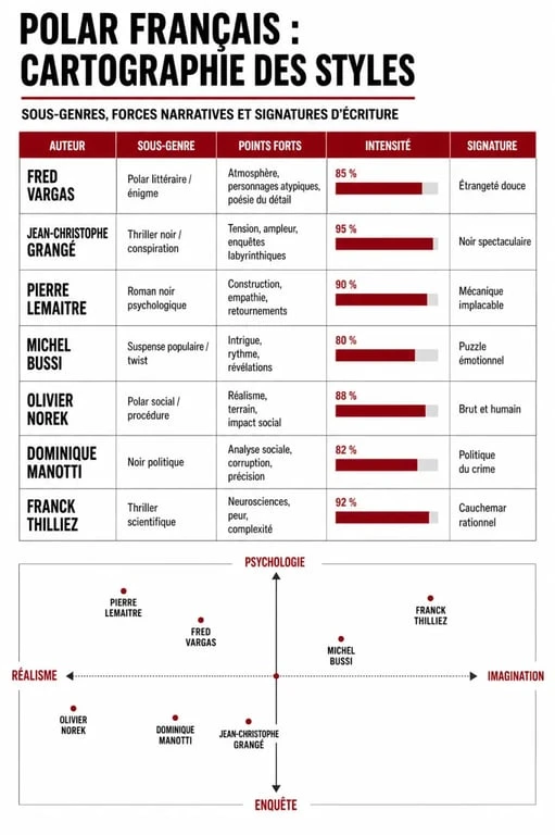 Infographie comparative des auteurs de polar français et de leurs styles littéraires.
