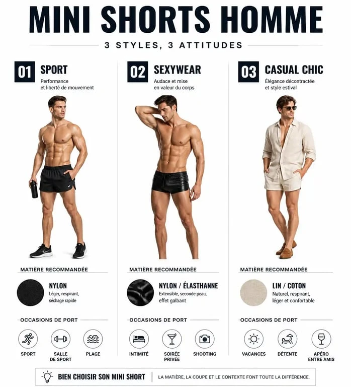 Infographie comparative des styles de mini shorts pour homme : sport, sexywear et casual chic