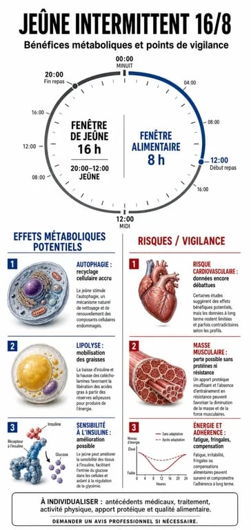 Infographie sur les risques et bénéfices du jeûne intermittent 16/8 et ses effets sur la santé cardiovasculaire