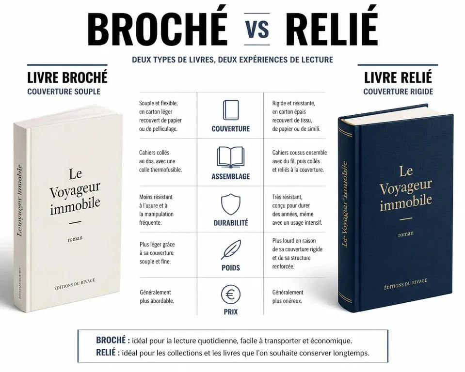Infographie comparative illustrant la différence entre un livre broché et un livre relié