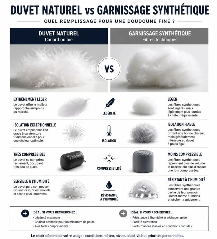 Comparatif technique entre duvet naturel et garnissage synthétique pour choisir sa doudoune fine pour homme