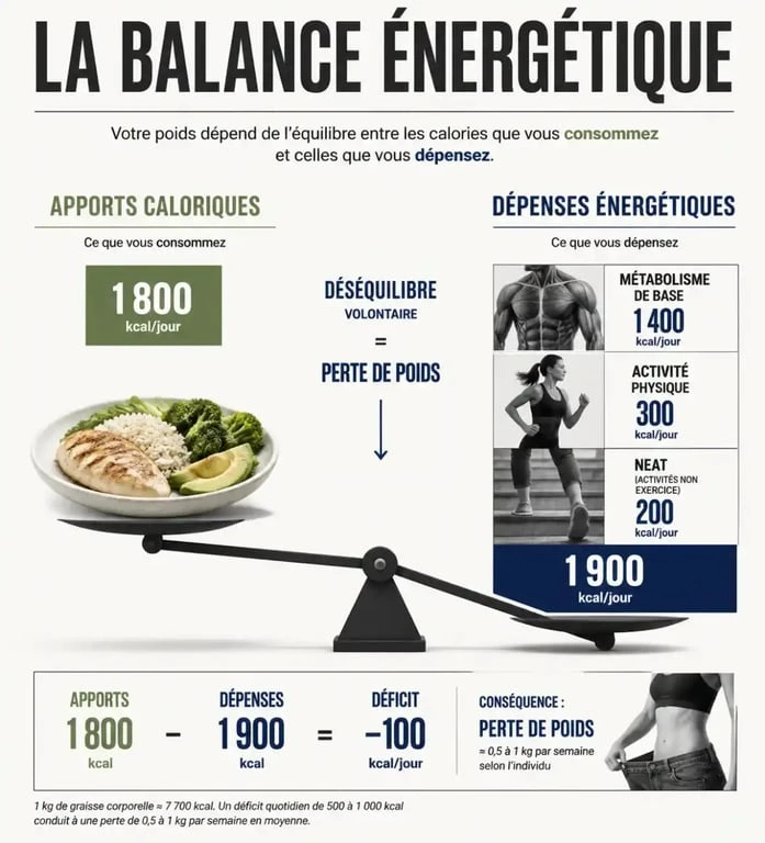 Schéma illustrant le principe du déficit calorique pour la perte de poids