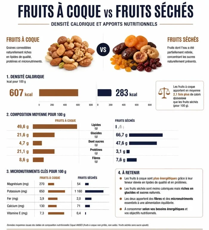Infographie sur les bienfaits et la densité calorique des fruits secs pour la gestion du poids