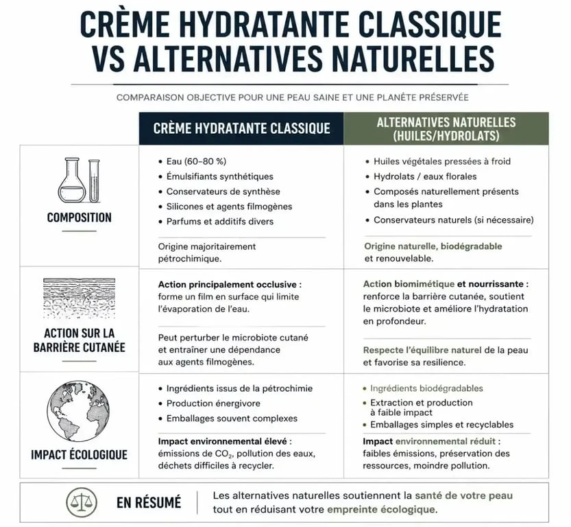 Infographie comparative : Crème hydratante classique vs huiles végétales pour hydrater sa peau sans crème