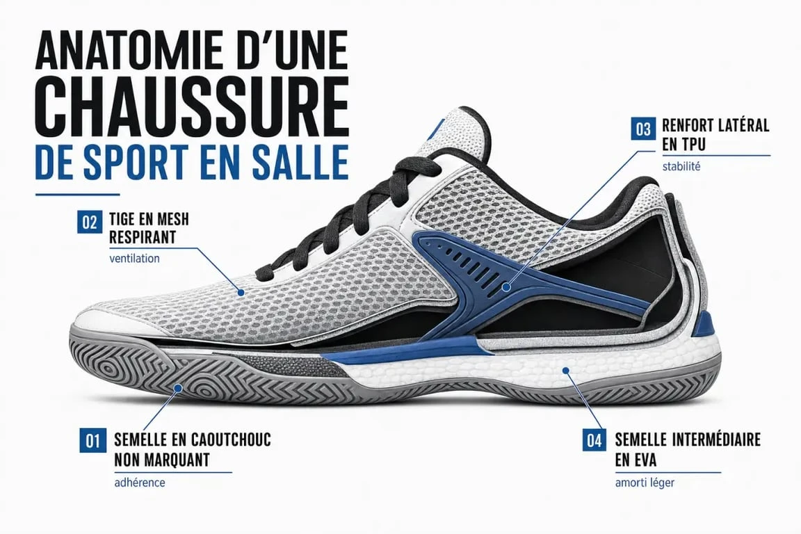 Schéma technique des composants d'une chaussure en salle pour le sport indoor