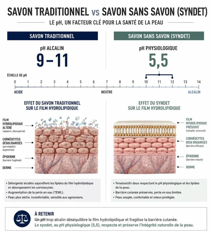 Comparaison scientifique entre savon classique et meilleur savon sans savon : impact sur le pH et le film hydrolipidique de la peau.