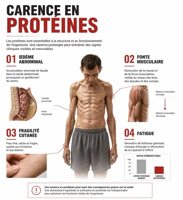 Infographie des symptômes d'une maladie liée au manque de protéines