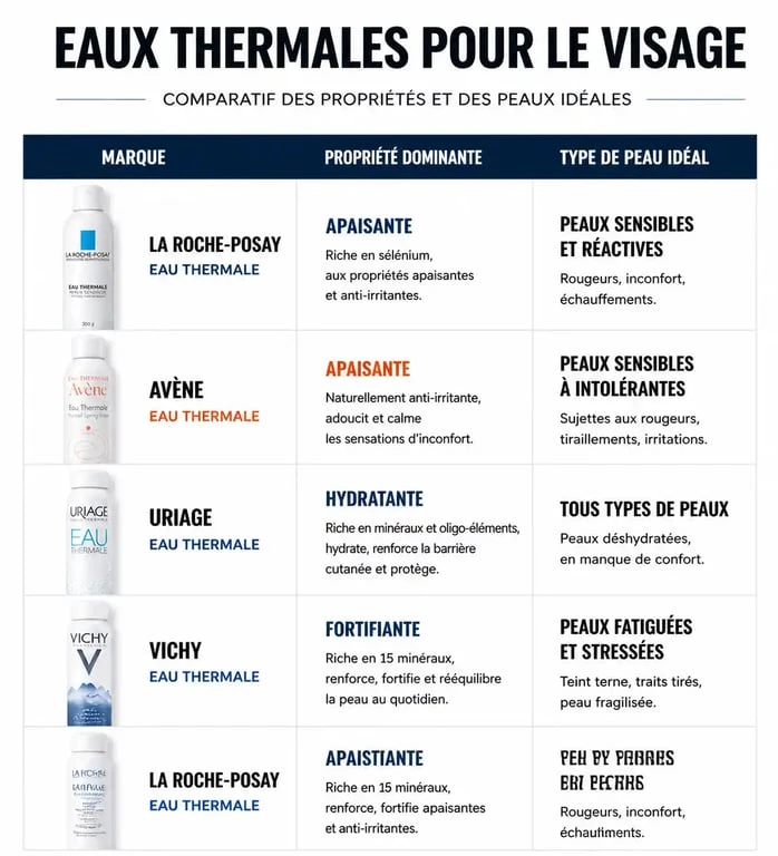 Infographie comparative des meilleures eaux thermales pour le visage selon le type de peau