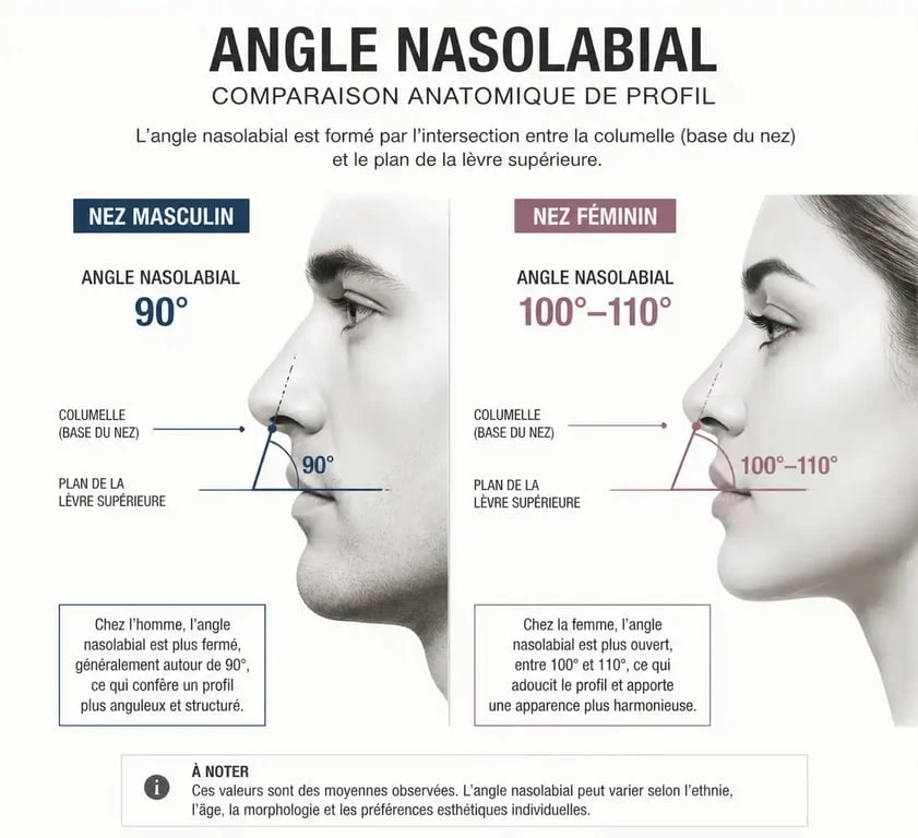 Schéma comparatif de l'angle nasolabial pour une rhinoplastie pour homme et femme