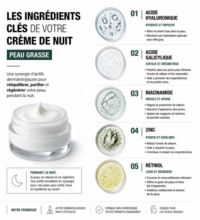 Infographie des ingrédients essentiels dans une crème de nuit pour peau grasse