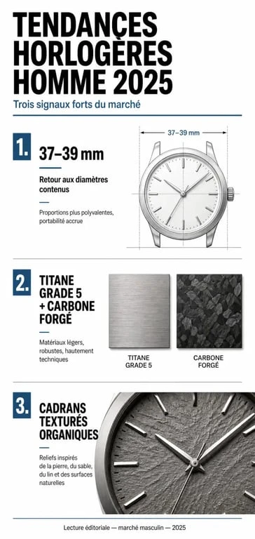 Infographie des tendances montre homme 2025 : matériaux, diamètres et styles