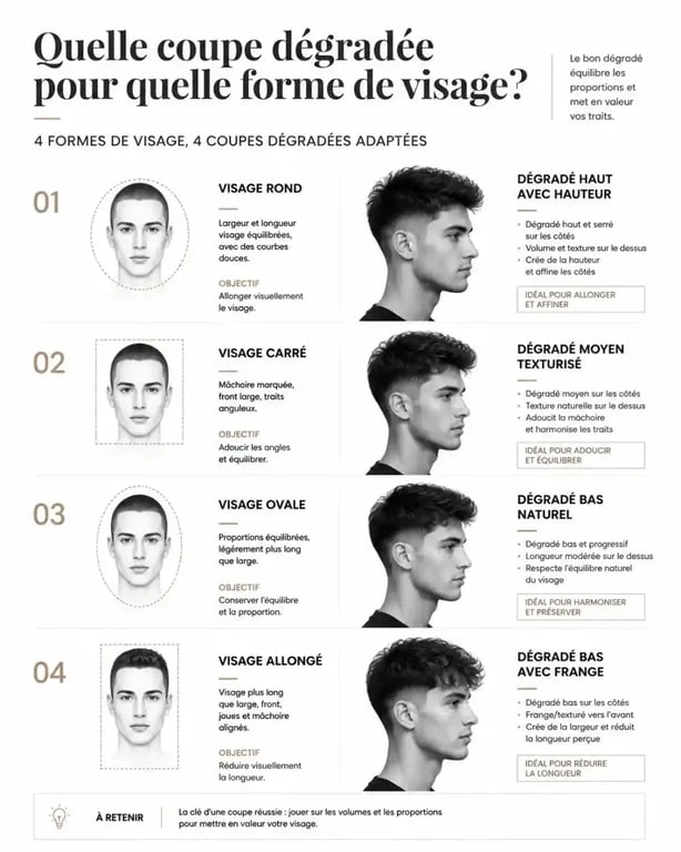 Infographie des meilleures coupes dégradées pour cheveux gris selon la forme du visage