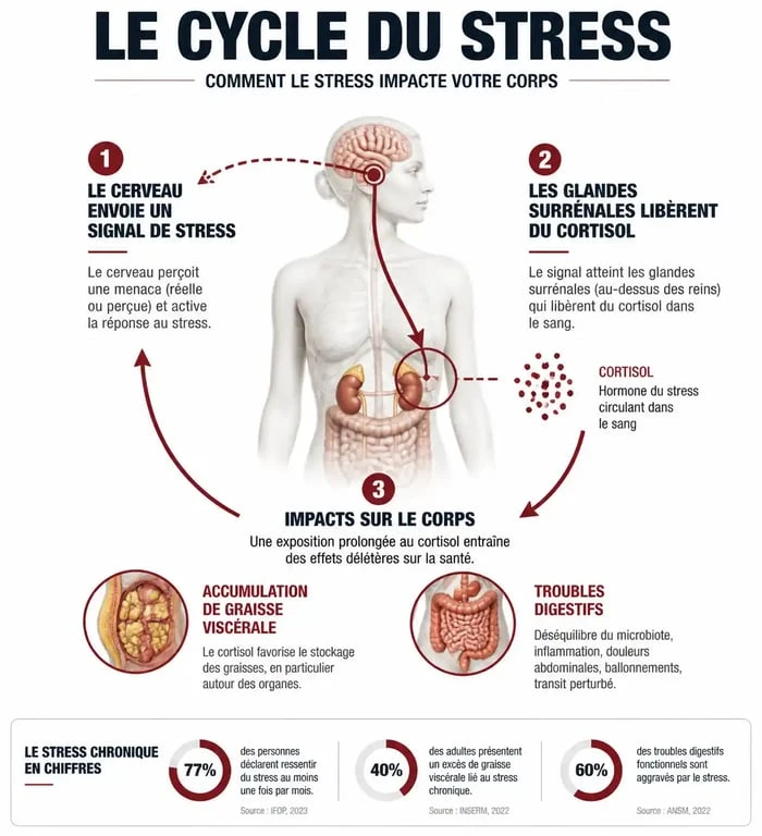 Schéma explicatif du lien entre taux de cortisol élevé et ventre gonflé