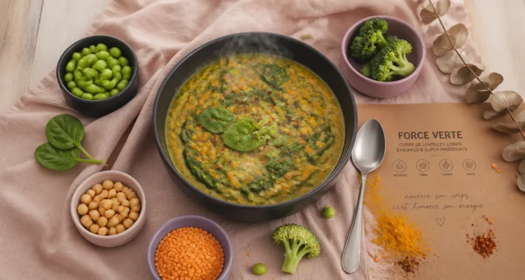 Legumes riches en proteines : bol curry lentilles corail et epinards