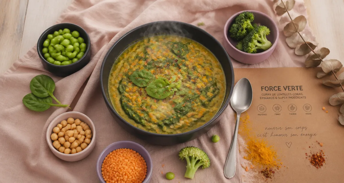 Legumes riches en proteines : bol curry lentilles corail et epinards