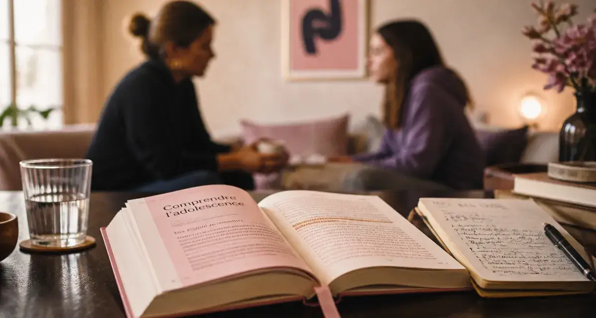 Livre adolescence sur une table, parent et ado en arrière-plan flou