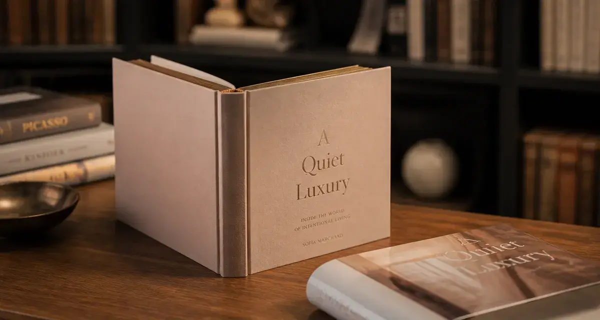 Livre relié sur bureau en bois, tranche dorée, jaquette à côté