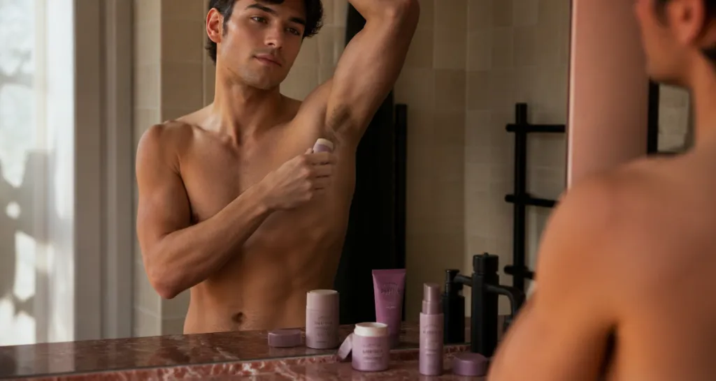 meilleur déodorant pour homme appliqué par un jeune homme élégant