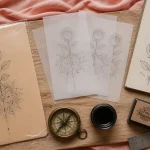 Motif tatouage : rose fine line et mandala dotwork, croquis et encre noire