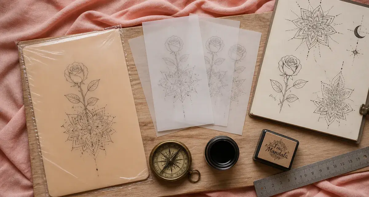 Motif tatouage : rose fine line et mandala dotwork, croquis et encre noire