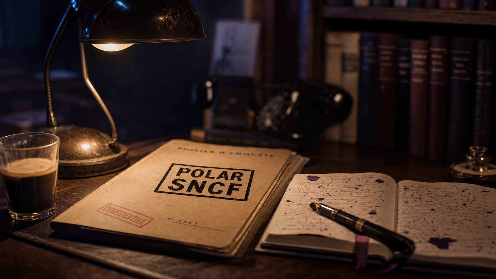 Polar français auteurs : dossier polar sur table sombre, lampe et café