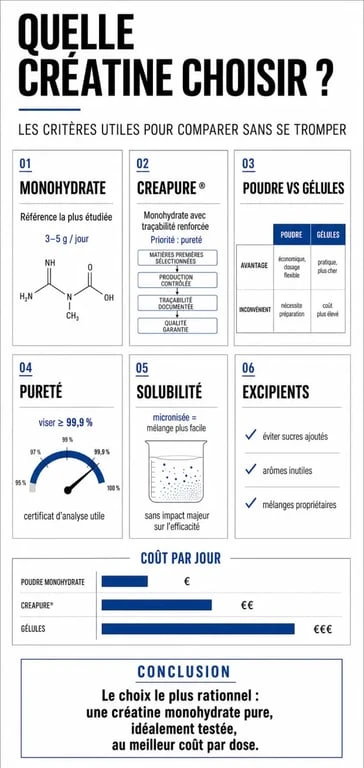 Créatine la meilleure : infographie comparative des critères monohydrate, Creapure®, poudre et gélules