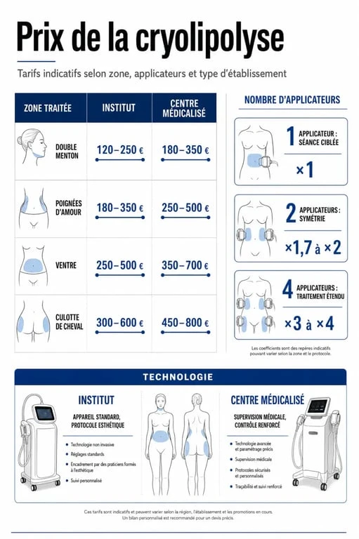Prix cryolipolyse : comparaison visuelle des tarifs par zone, applicateurs et technologie