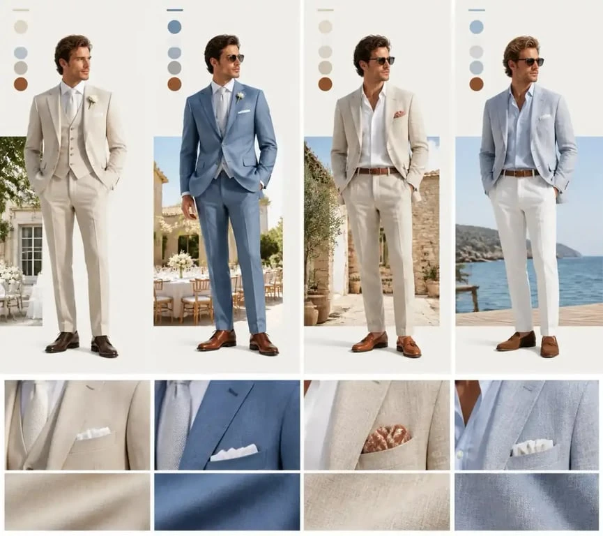 Idées de tenue mariage homme été avec costumes légers en lin, bleu clair, beige et accessoires habillés