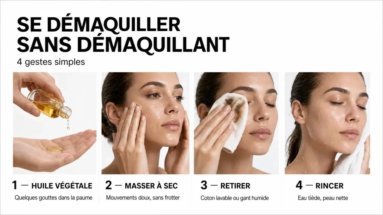 Comment se démaquiller sans démaquillant : étapes avec huile végétale, coton lavable et rinçage à l’eau tiède