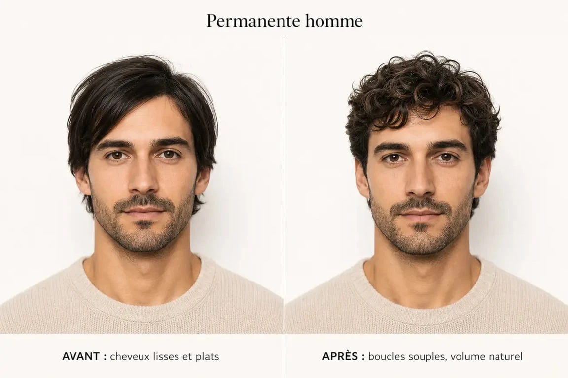 Avant/après permanente cheveux homme avec boucles souples et volume sur le dessus