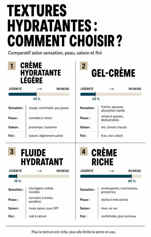 Crème hydratante légère : comparatif visuel des textures crème, gel-crème, fluide hydratant et crème riche