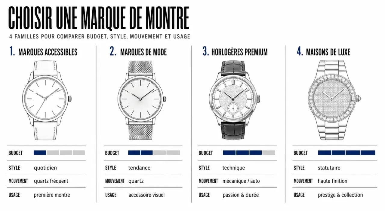 Comparatif des familles de marque montre selon budget, style, mouvement et usage