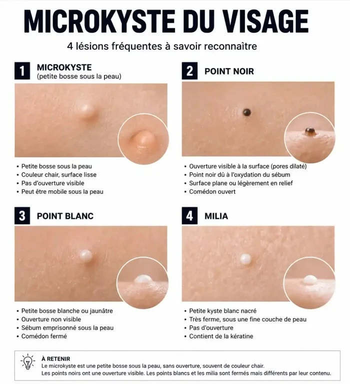 Microkyste visage photo : comparaison visuelle avec point noir, point blanc et milia