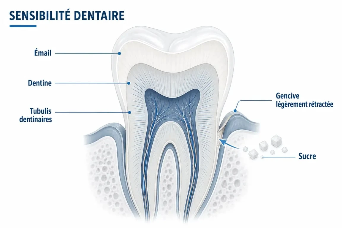 Dent sensible au sucre sans carie : schéma de l’émail, de la dentine et des tubulis dentinaires