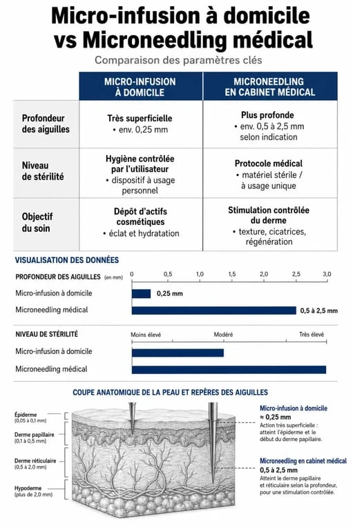 Infographie comparative : micro-infusion Glowssip vs microneedling dermatologue pour comprendre les risques et bénéfices.