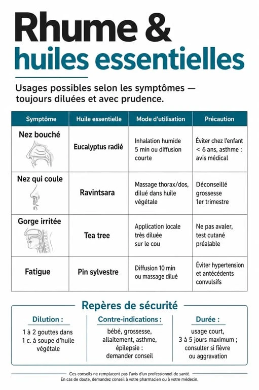 Rhume et huiles essentielles : infographie éditoriale des huiles essentielles selon les symptômes et les précautions
