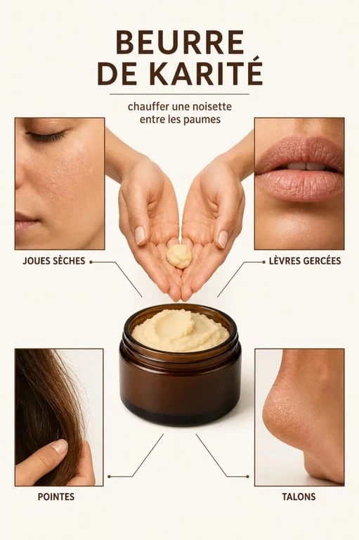 Beurre de karité utilisation : application du produit sur peau sèche, lèvres, talons et pointes de cheveux