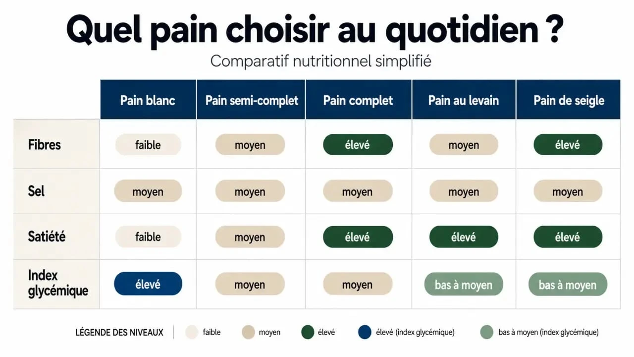 Quel pain manger : infographie comparative des différents pains selon les fibres, le sel, la satiété et l’index glycémique