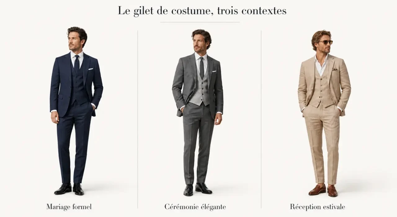 Gilet homme costume : trois looks de costume trois-pièces pour mariage, cérémonie et réception