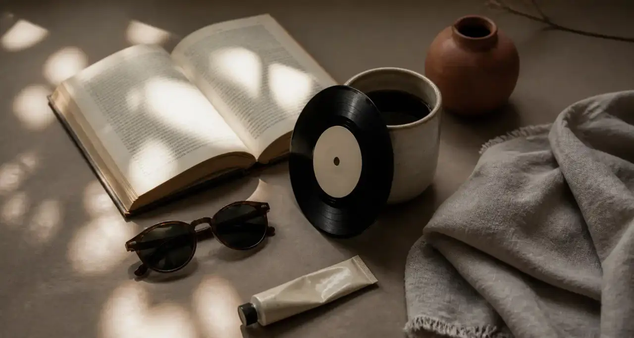 Composition lifestyle : livre, vinyle, lunettes de soleil et soin, pour un art de vivre éclectique