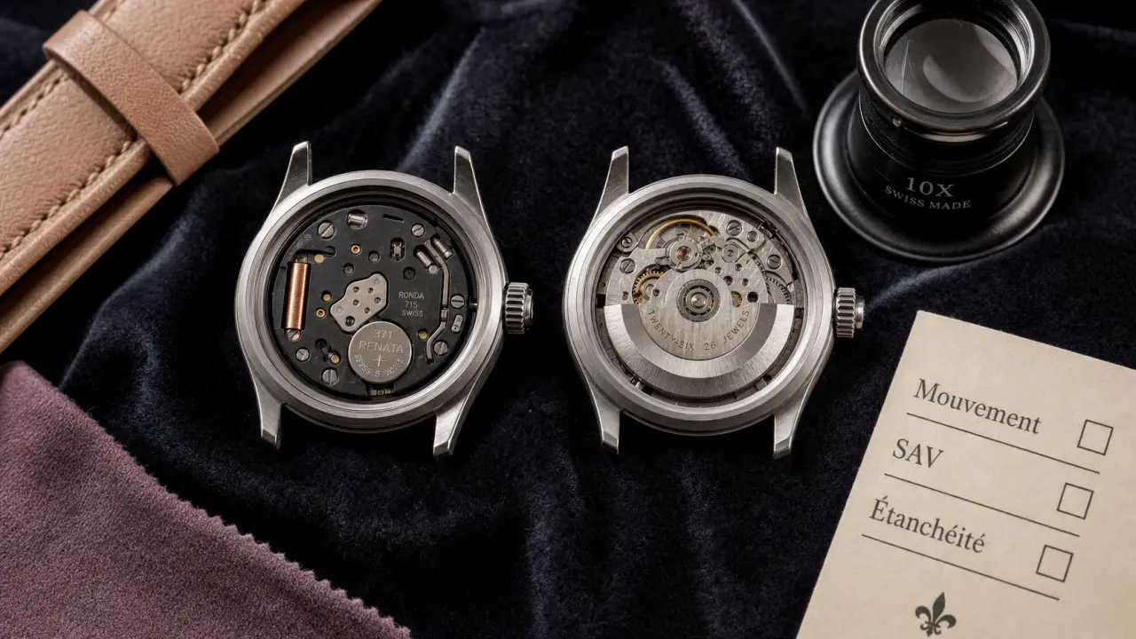 Marque montre : mouvement, budget et SAV sur fond velours noir