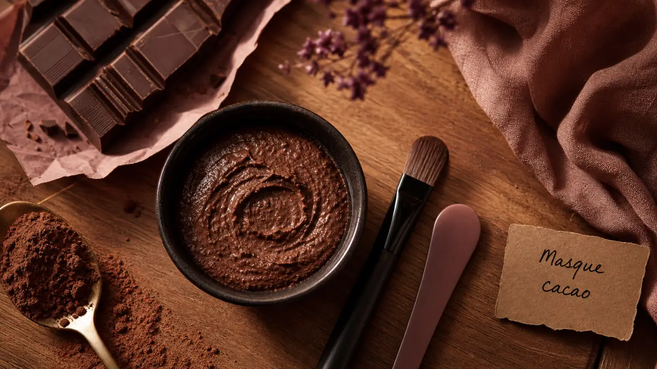 Masque chocolat visage sur table en bois, préparation cosmétique