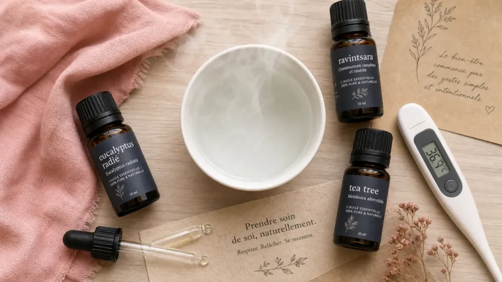 Rhume et huiles essentielles : flacons d’eucalyptus, ravintsara et tea tree pour voies respiratoires