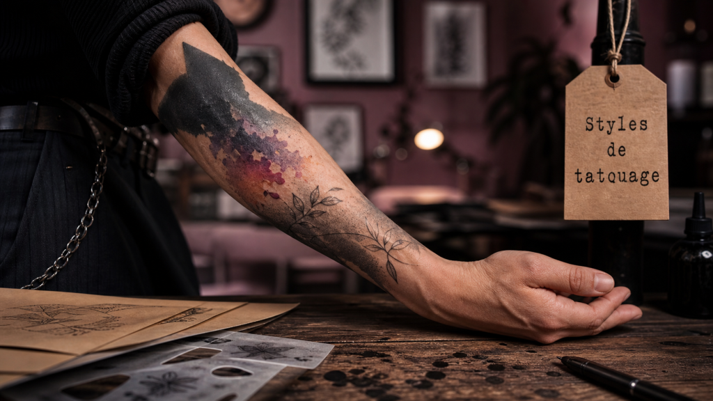 Style tatouage : trois styles sur avant-bras en studio de tatouage