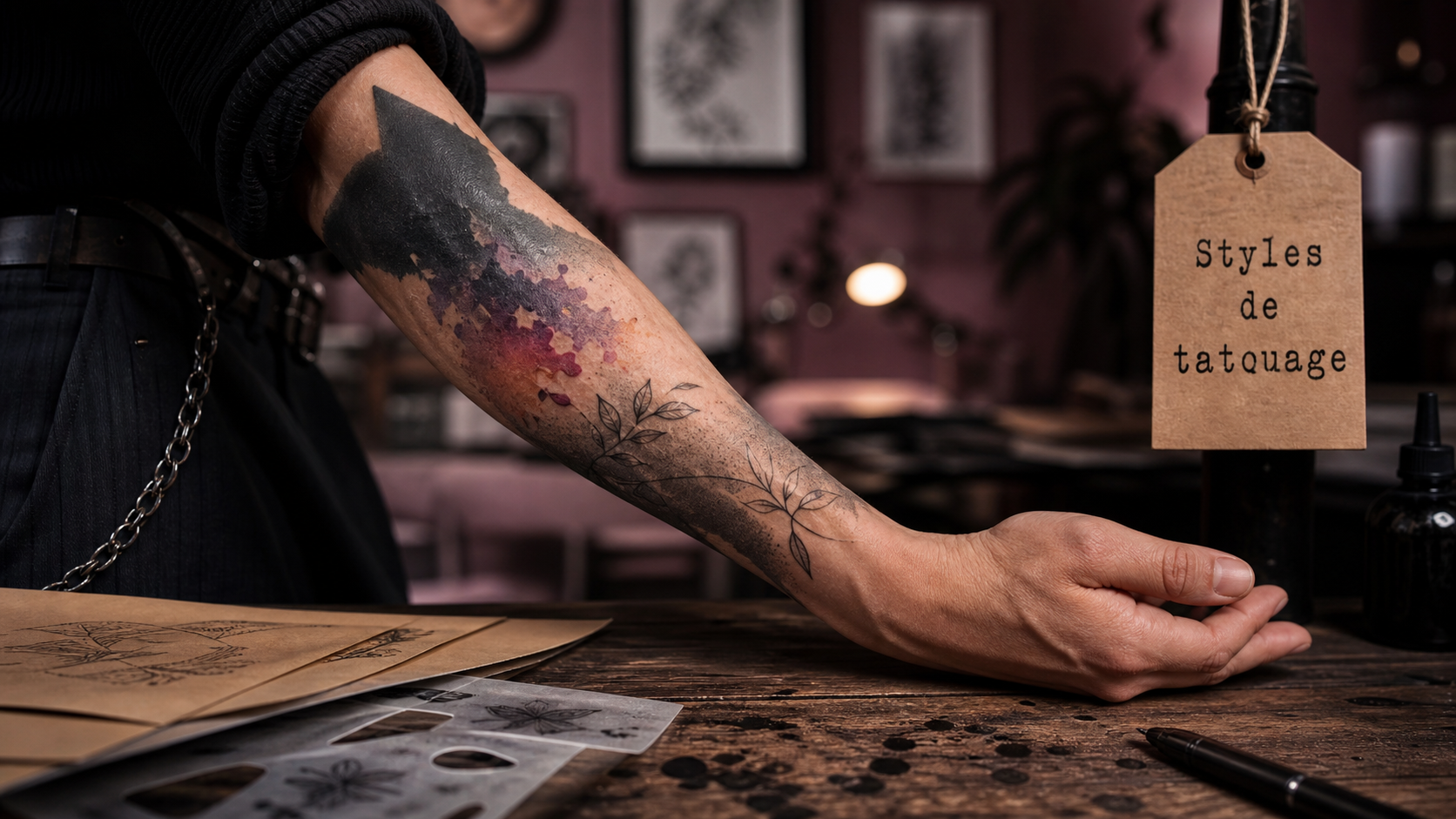Style tatouage : trois styles sur avant-bras en studio de tatouage