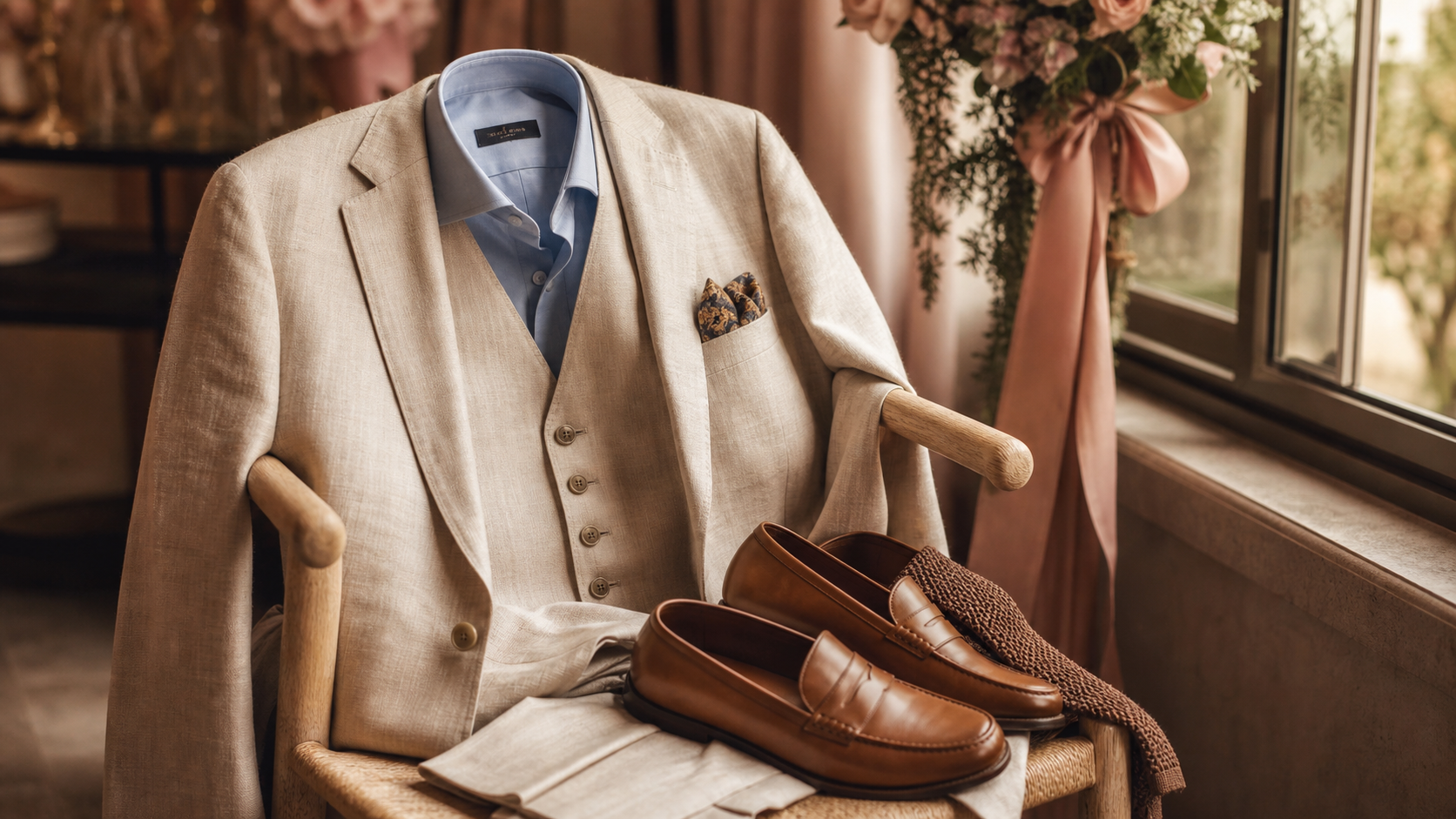 Tenue mariage homme été en lin beige et accessoires