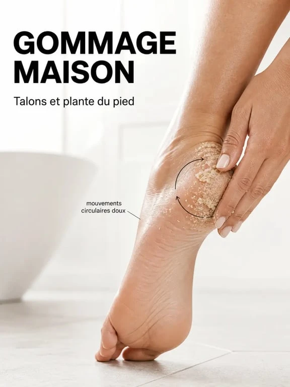 Application du gommage pour les pieds maison sur les talons et la plante du pied