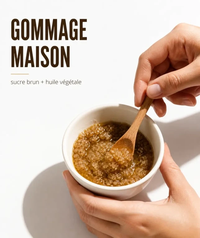 Gommage pour les pieds maison préparé dans un bol avec sucre brun et huile végétale