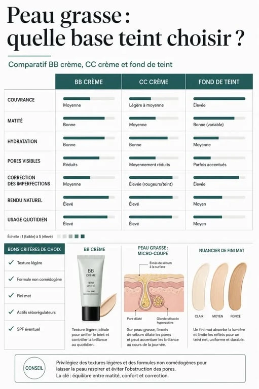 BB crème peau grasse : comparaison visuelle entre BB crème, CC crème et fond de teint pour choisir la meilleure option